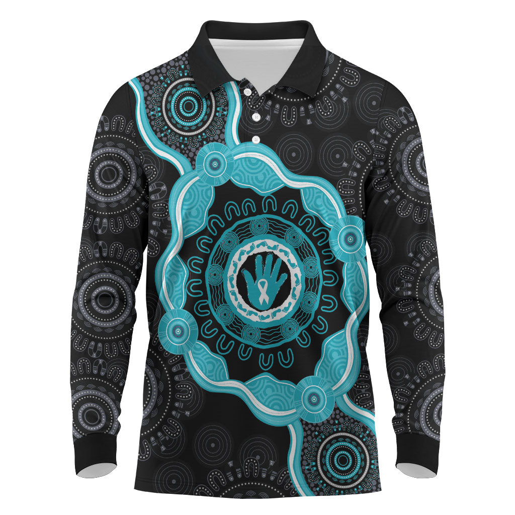 Australia Ovarian Cancer Support Long Sleeve Polo Shirt Brave Strong Teal Ribbon Aboriginal Art