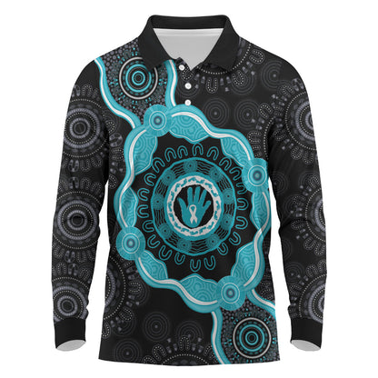 Australia Ovarian Cancer Support Long Sleeve Polo Shirt Brave Strong Teal Ribbon Aboriginal Art