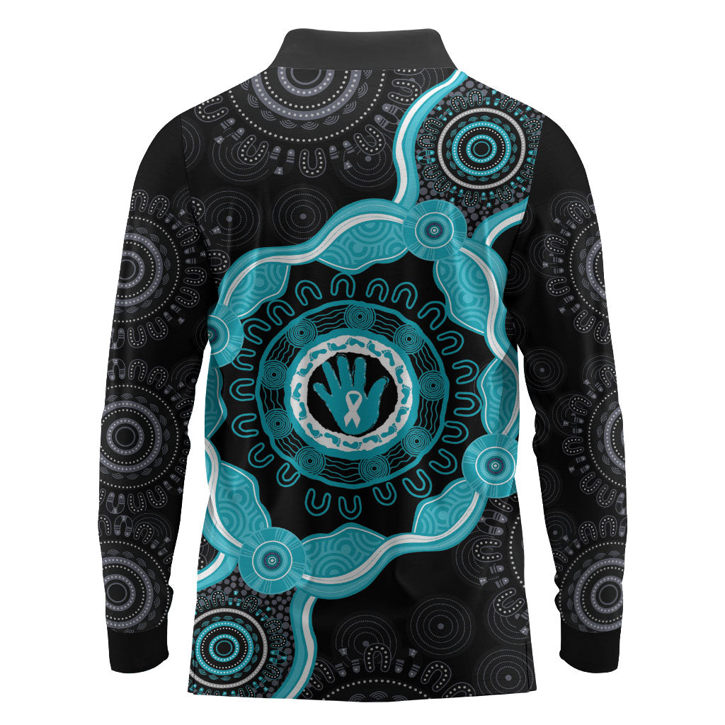 Australia Ovarian Cancer Support Long Sleeve Polo Shirt Brave Strong Teal Ribbon Aboriginal Art