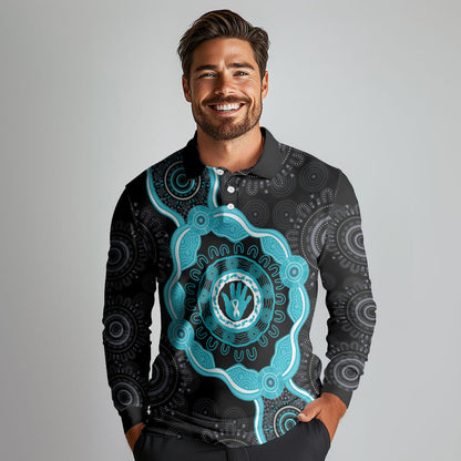 Australia Ovarian Cancer Support Long Sleeve Polo Shirt Brave Strong Teal Ribbon Aboriginal Art