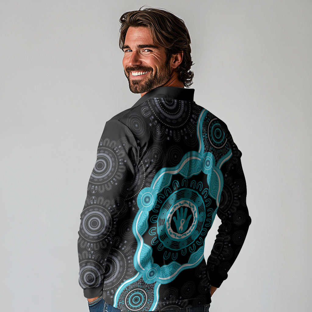 Australia Ovarian Cancer Support Long Sleeve Polo Shirt Brave Strong Teal Ribbon Aboriginal Art