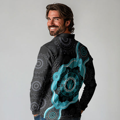 Australia Ovarian Cancer Support Long Sleeve Polo Shirt Brave Strong Teal Ribbon Aboriginal Art