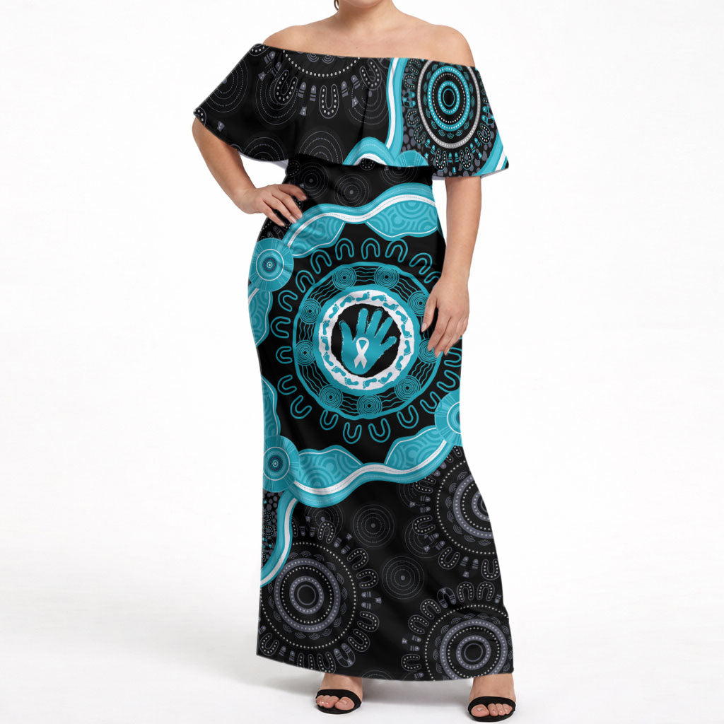 Australia Ovarian Cancer Support Off Shoulder Maxi Dress Brave Strong Teal Ribbon Aboriginal Art
