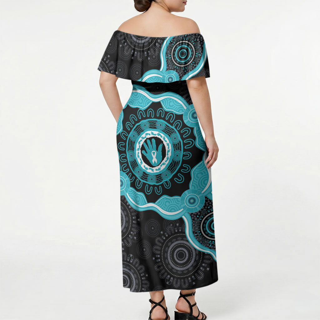 Australia Ovarian Cancer Support Off Shoulder Maxi Dress Brave Strong Teal Ribbon Aboriginal Art