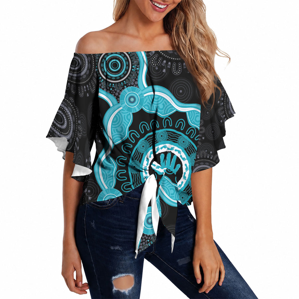 Australia Ovarian Cancer Support Off Shoulder Wrap Waist Top Brave Strong Teal Ribbon Aboriginal Art