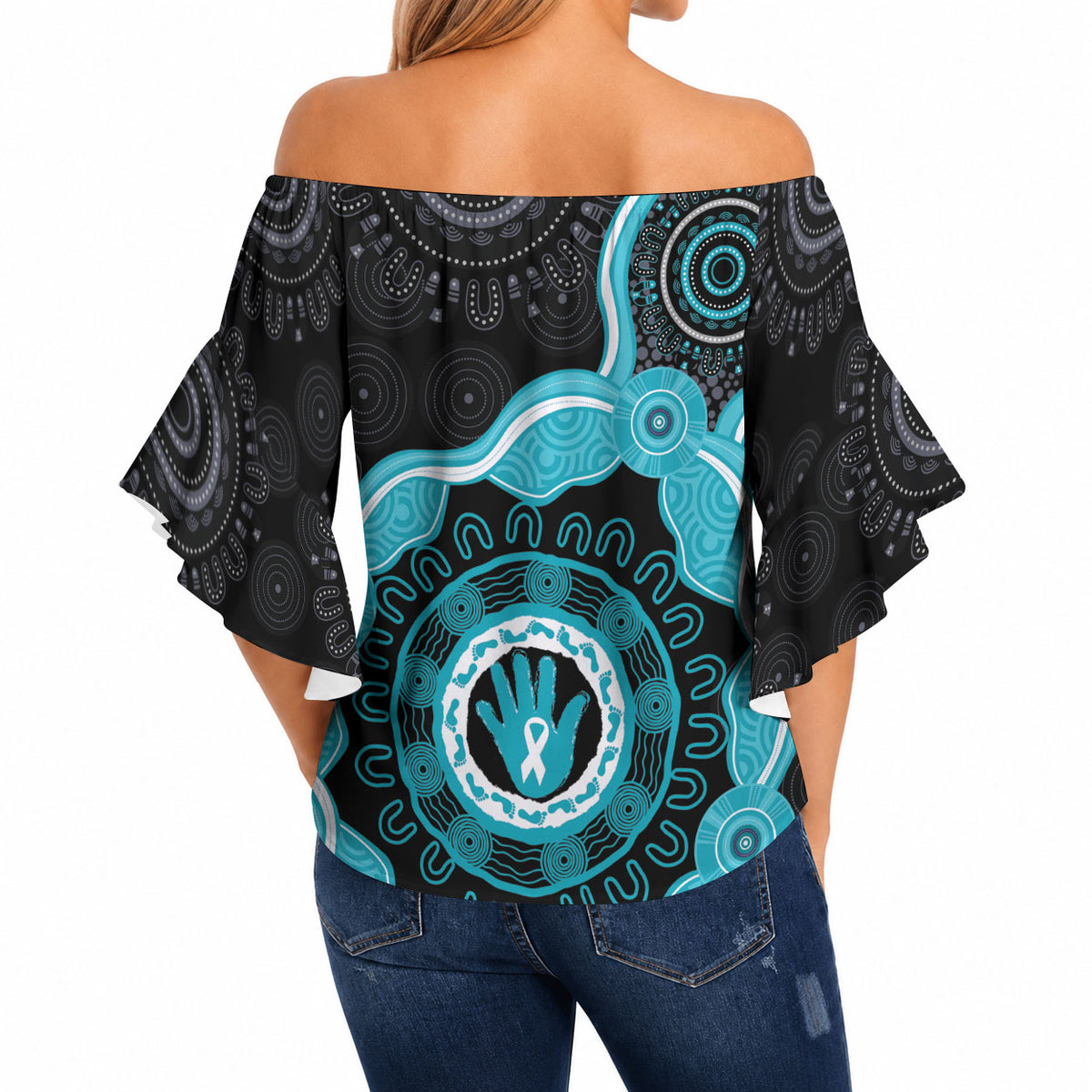 Australia Ovarian Cancer Support Off Shoulder Wrap Waist Top Brave Strong Teal Ribbon Aboriginal Art