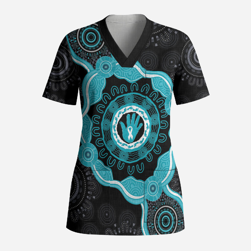 Australia Ovarian Cancer Support Scrub Top Brave Strong Teal Ribbon Aboriginal Art