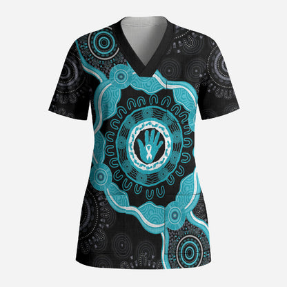 Australia Ovarian Cancer Support Scrub Top Brave Strong Teal Ribbon Aboriginal Art