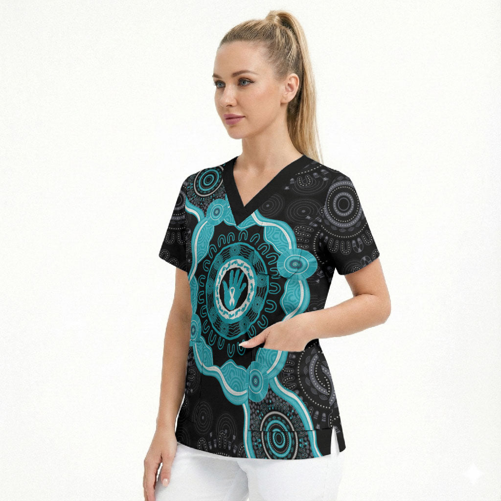 Australia Ovarian Cancer Support Scrub Top Brave Strong Teal Ribbon Aboriginal Art