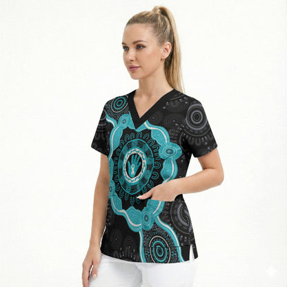 Australia Ovarian Cancer Support Scrub Top Brave Strong Teal Ribbon Aboriginal Art