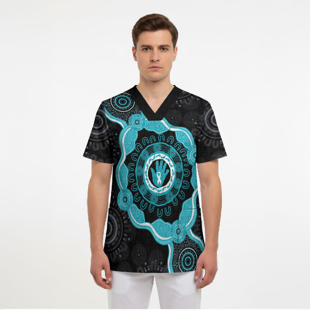 Australia Ovarian Cancer Support Scrub Top Brave Strong Teal Ribbon Aboriginal Art