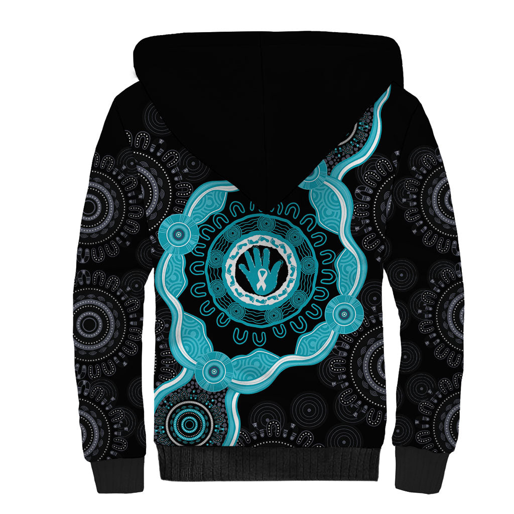 Australia Ovarian Cancer Support Sherpa Hoodie Brave Strong Teal Ribbon Aboriginal Art