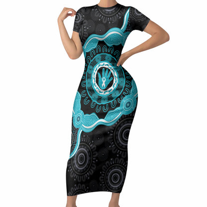 Australia Ovarian Cancer Support Short Sleeve Bodycon Dress Brave Strong Teal Ribbon Aboriginal Art