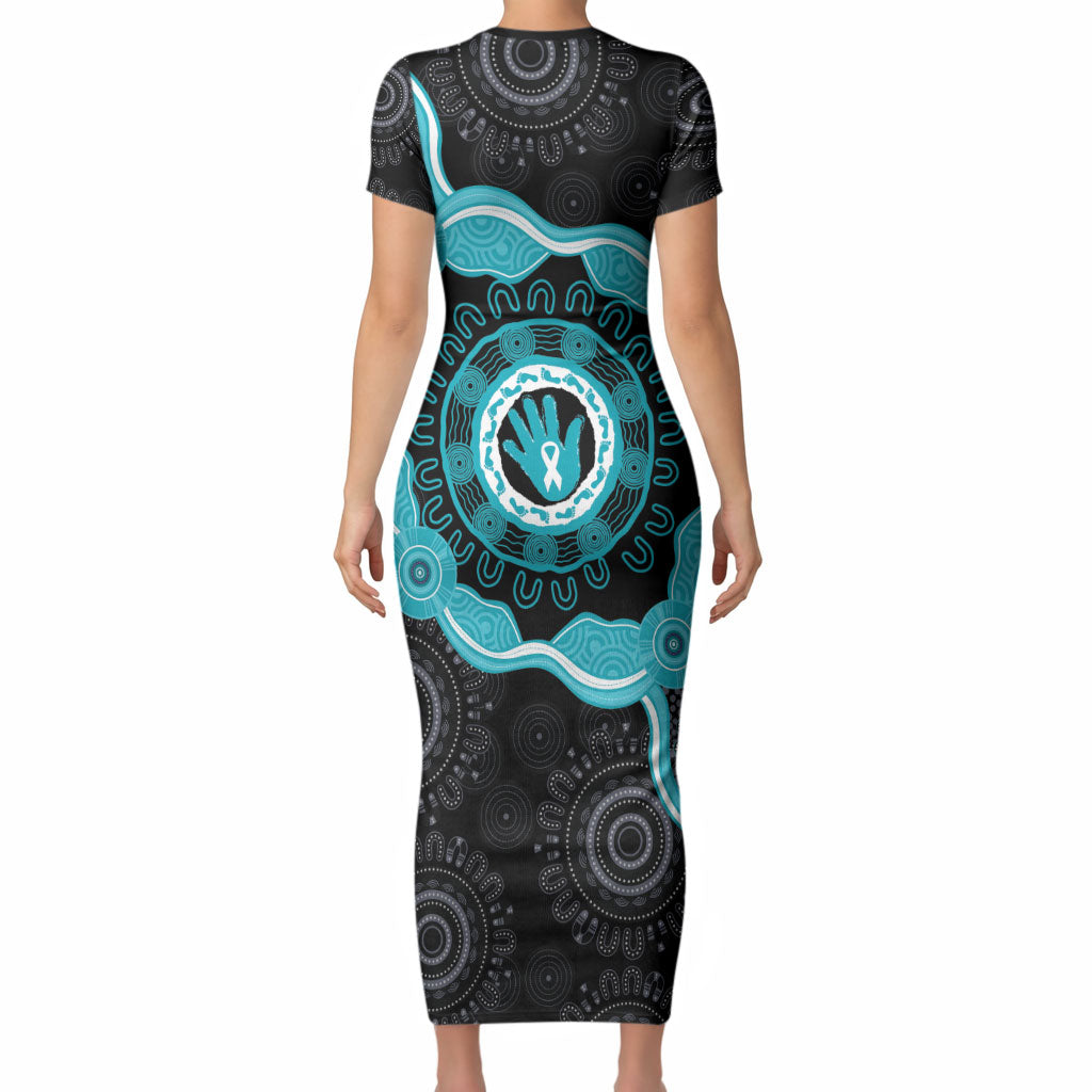 Australia Ovarian Cancer Support Short Sleeve Bodycon Dress Brave Strong Teal Ribbon Aboriginal Art