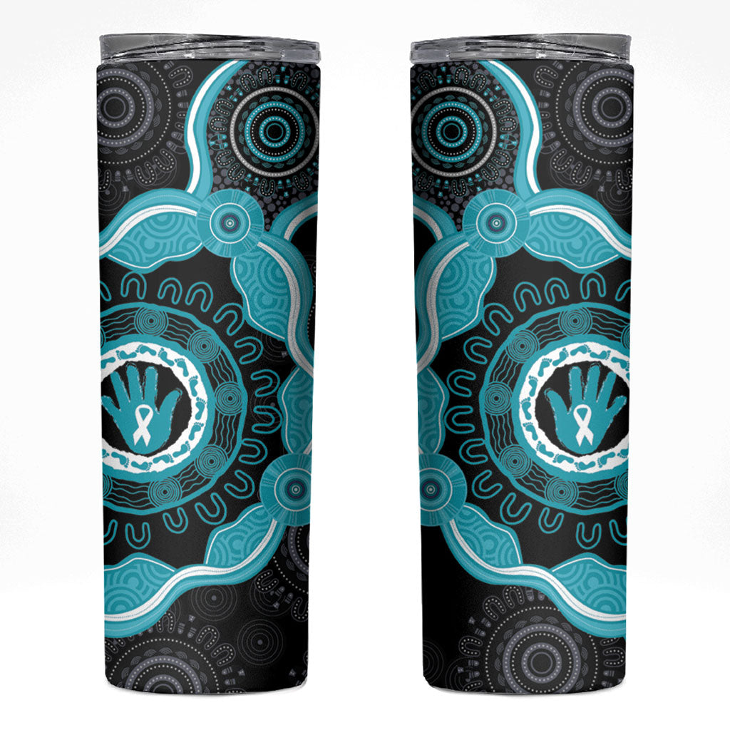 Australia Ovarian Cancer Support Skinny Tumbler Brave Strong Teal Ribbon Aboriginal Art