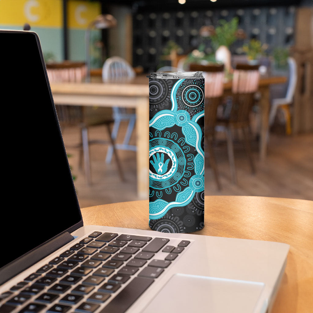 Australia Ovarian Cancer Support Skinny Tumbler Brave Strong Teal Ribbon Aboriginal Art