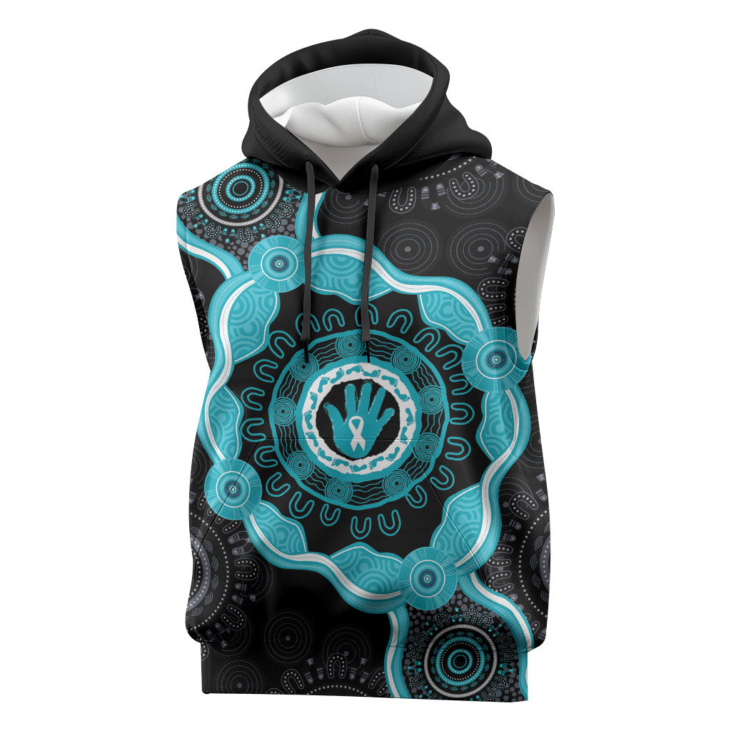 Australia Ovarian Cancer Support Sleeveless Hoodie Brave Strong Teal Ribbon Aboriginal Art