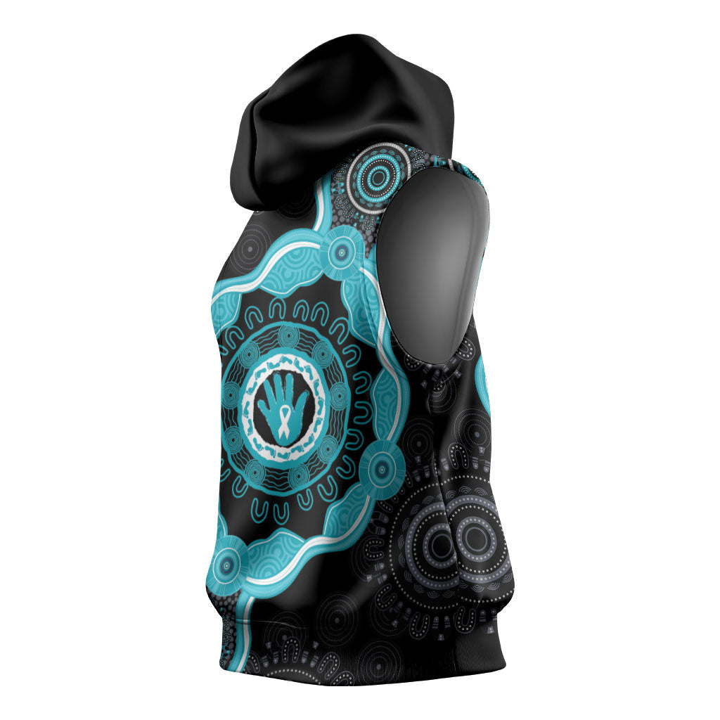 Australia Ovarian Cancer Support Sleeveless Hoodie Brave Strong Teal Ribbon Aboriginal Art