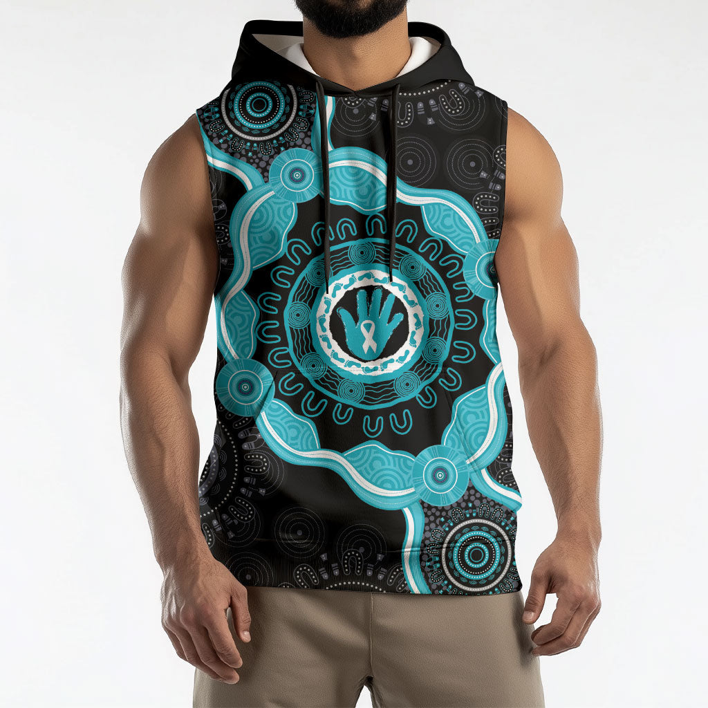 Australia Ovarian Cancer Support Sleeveless Hoodie Brave Strong Teal Ribbon Aboriginal Art
