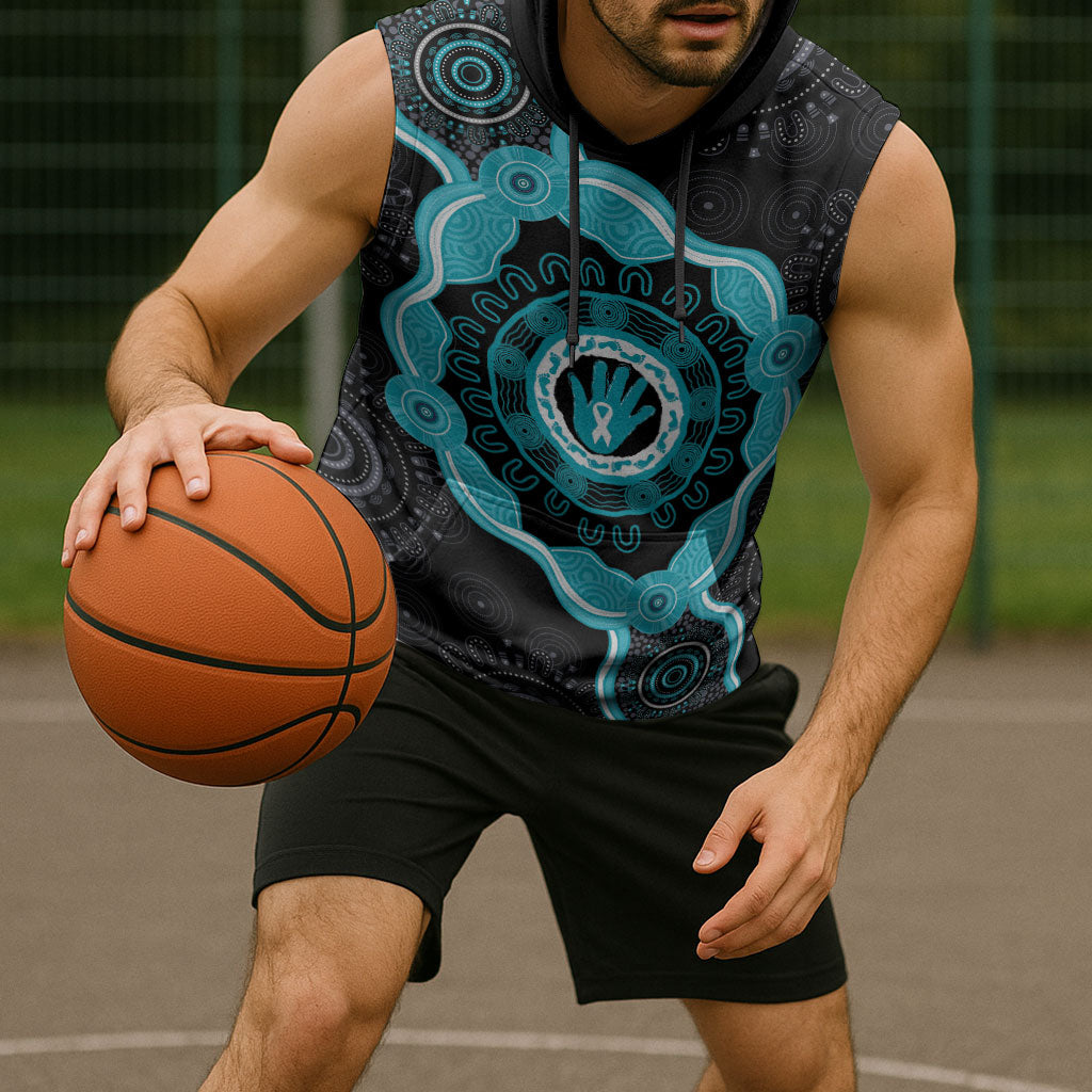 Australia Ovarian Cancer Support Sleeveless Hoodie Brave Strong Teal Ribbon Aboriginal Art