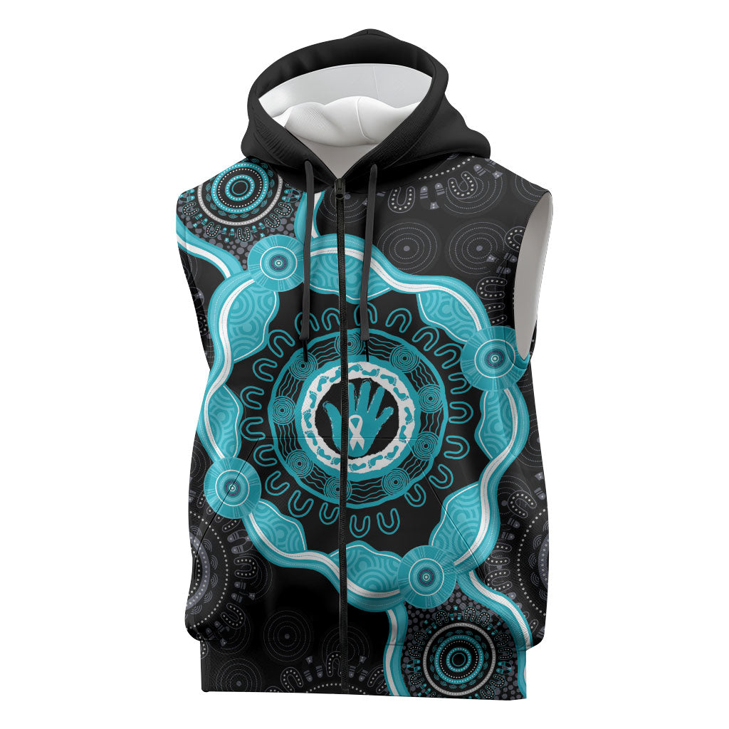 Australia Ovarian Cancer Support Sleeveless Zip Hoodie Brave Strong Teal Ribbon Aboriginal Art