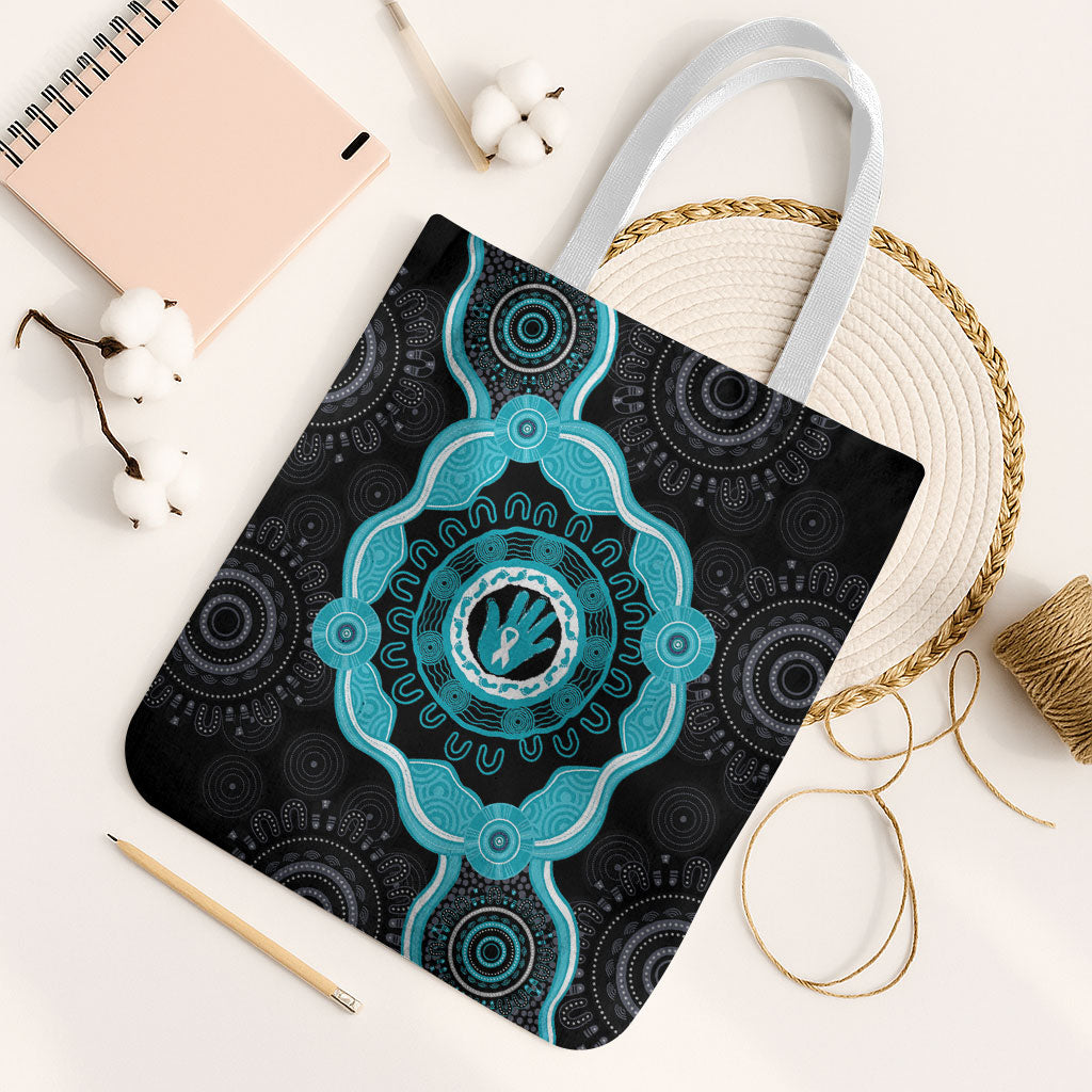 Australia Ovarian Cancer Support Tote Bag Brave Strong Teal Ribbon Aboriginal Art