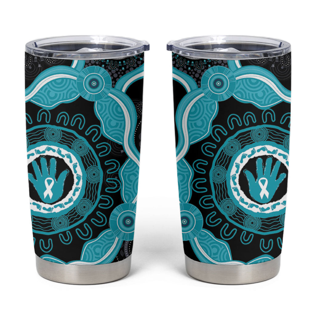 Australia Ovarian Cancer Support Tumbler Cup Brave Strong Teal Ribbon Aboriginal Art