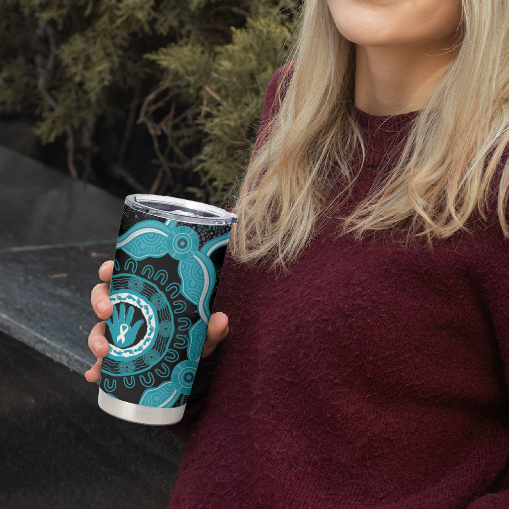 Australia Ovarian Cancer Support Tumbler Cup Brave Strong Teal Ribbon Aboriginal Art