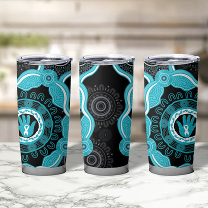 Australia Ovarian Cancer Support Tumbler Cup Brave Strong Teal Ribbon Aboriginal Art