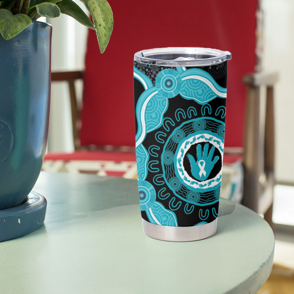 Australia Ovarian Cancer Support Tumbler Cup Brave Strong Teal Ribbon Aboriginal Art