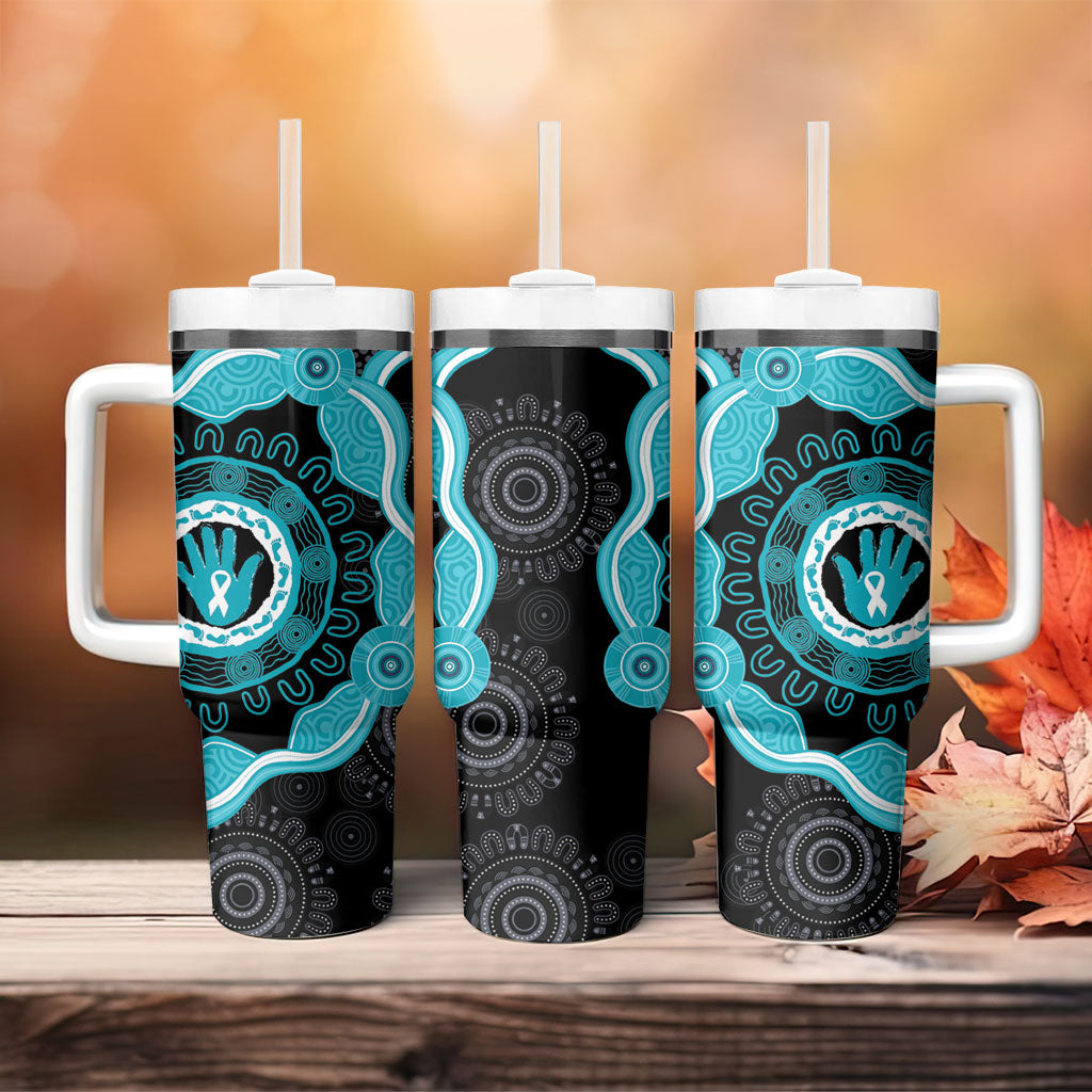 Australia Ovarian Cancer Support Tumbler With Handle Brave Strong Teal Ribbon Aboriginal Art