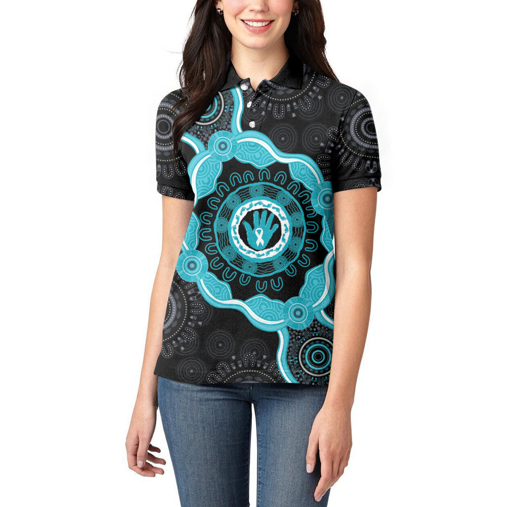 Australia Ovarian Cancer Support Women Polo Shirt Brave Strong Teal Ribbon Aboriginal Art