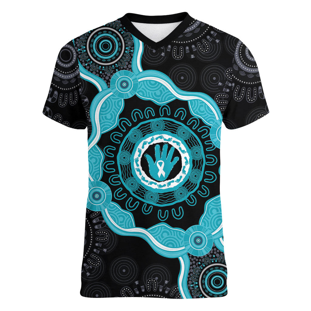 Australia Ovarian Cancer Support Women V-Neck T-Shirt Brave Strong Teal Ribbon Aboriginal Art