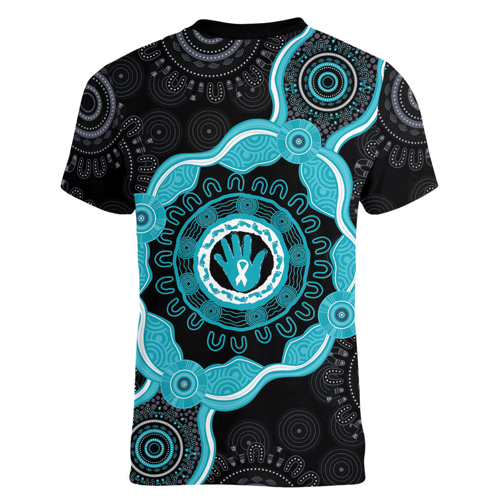 Australia Ovarian Cancer Support Women V-Neck T-Shirt Brave Strong Teal Ribbon Aboriginal Art