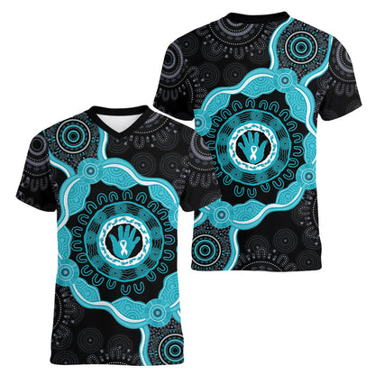 Australia Ovarian Cancer Support Women V-Neck T-Shirt Brave Strong Teal Ribbon Aboriginal Art