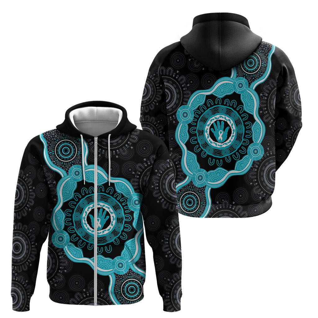 Australia Ovarian Cancer Support Zip Hoodie Brave Strong Teal Ribbon Aboriginal Art