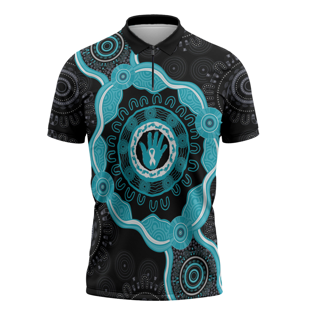 Australia Ovarian Cancer Support Zipper Polo Shirt Brave Strong Teal Ribbon Aboriginal Art