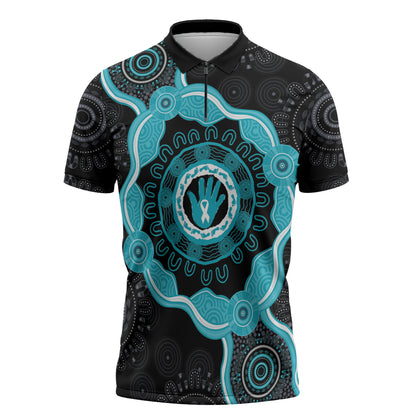 Australia Ovarian Cancer Support Zipper Polo Shirt Brave Strong Teal Ribbon Aboriginal Art