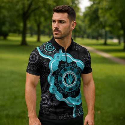 Australia Ovarian Cancer Support Zipper Polo Shirt Brave Strong Teal Ribbon Aboriginal Art