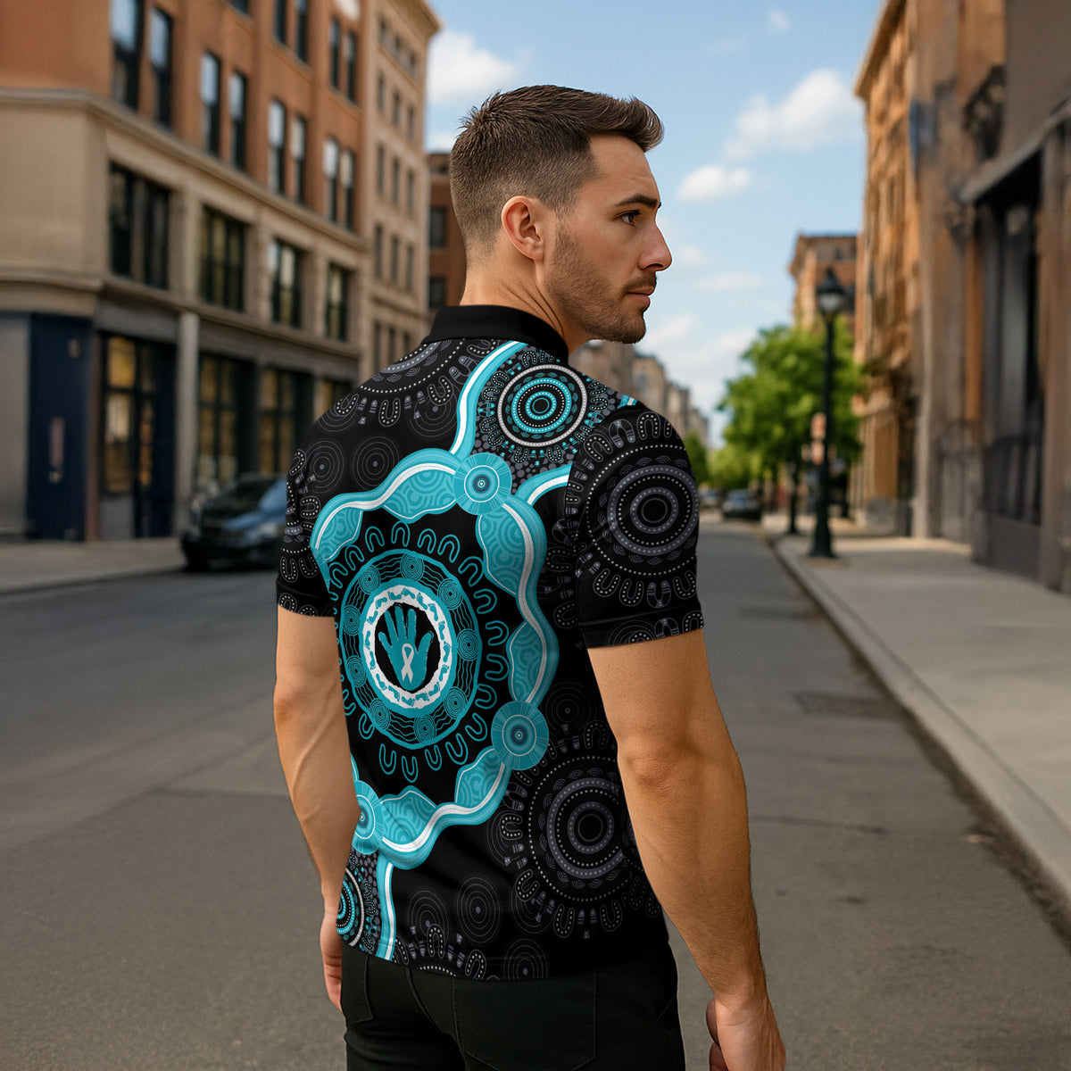 Australia Ovarian Cancer Support Zipper Polo Shirt Brave Strong Teal Ribbon Aboriginal Art