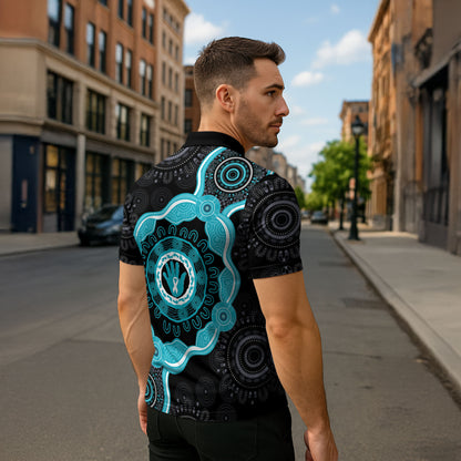 Australia Ovarian Cancer Support Zipper Polo Shirt Brave Strong Teal Ribbon Aboriginal Art