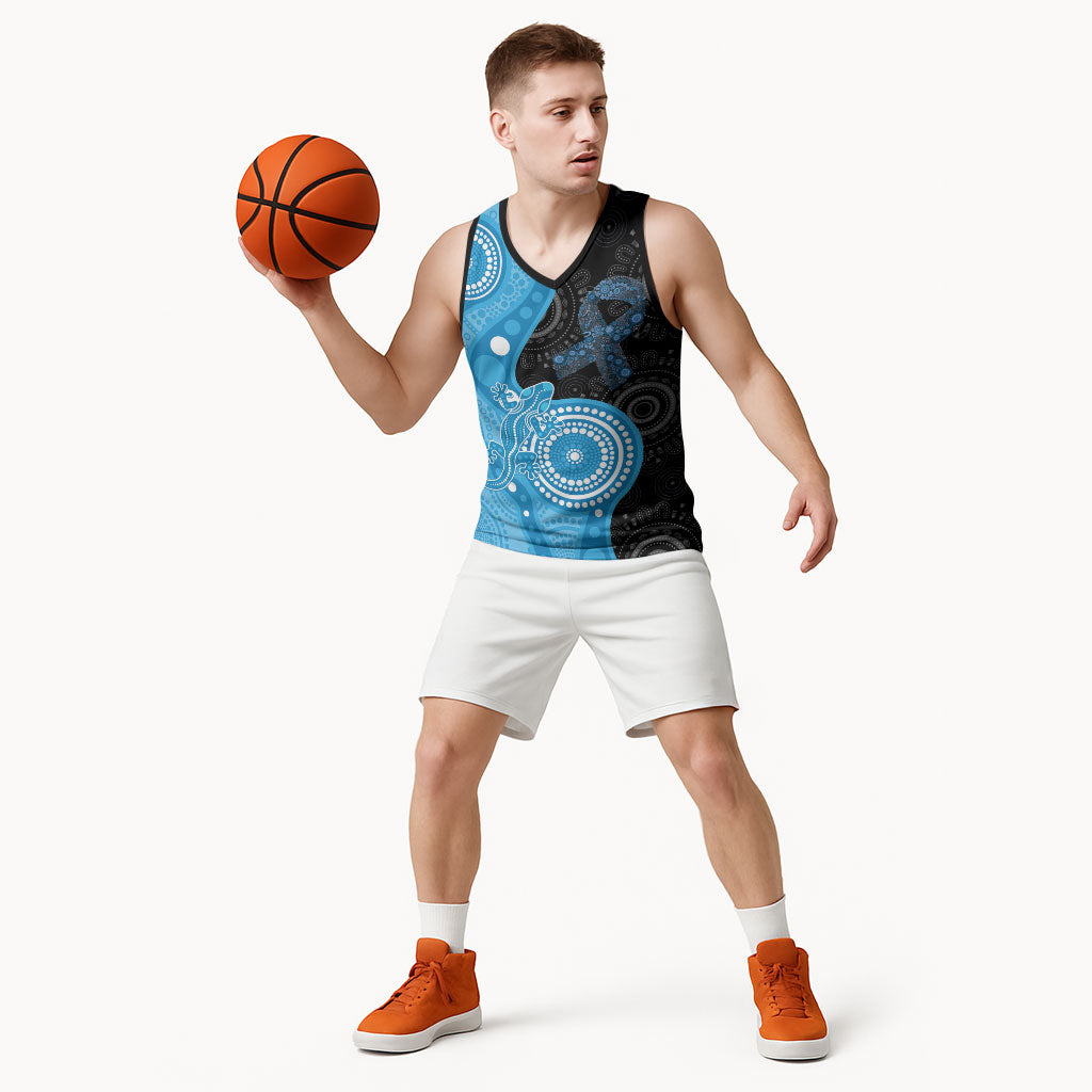 Australia Autism Support Month Basketball Jersey Indigenous Lizard With Blue Ribbon
