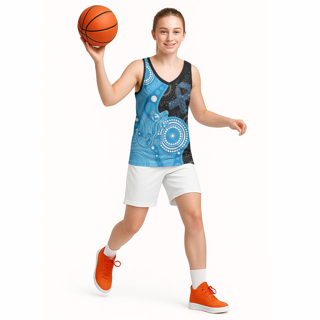 Australia Autism Support Month Basketball Jersey Indigenous Lizard With Blue Ribbon