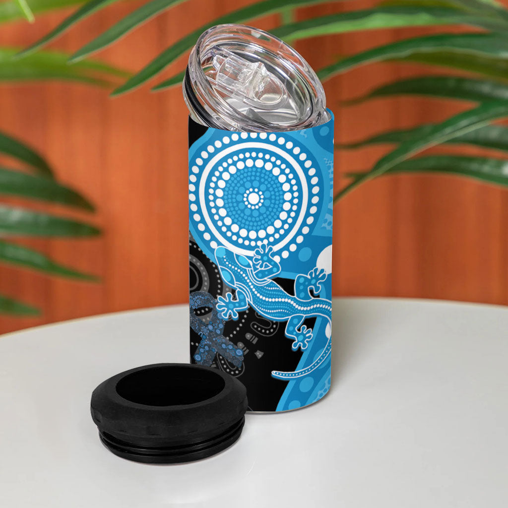 Australia Autism Support Month 4 in 1 Can Cooler Tumbler Indigenous Lizard With Blue Ribbon