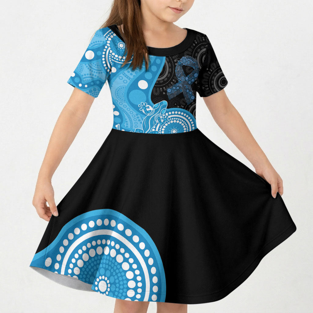Australia Autism Support Month Kid Short Sleeve Dress Indigenous Lizard With Blue Ribbon