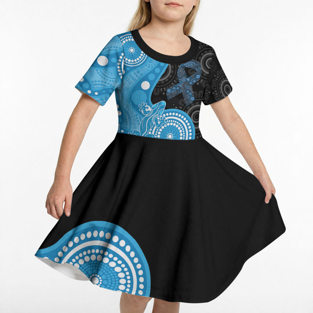 Australia Autism Support Month Kid Short Sleeve Dress Indigenous Lizard With Blue Ribbon