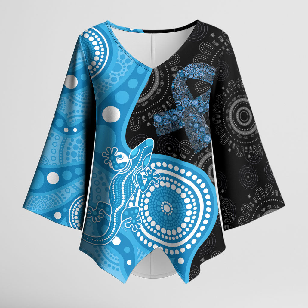 Australia Autism Support Month Kimono Sleeve Blouse Indigenous Lizard With Blue Ribbon