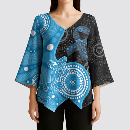 Australia Autism Support Month Kimono Sleeve Blouse Indigenous Lizard With Blue Ribbon