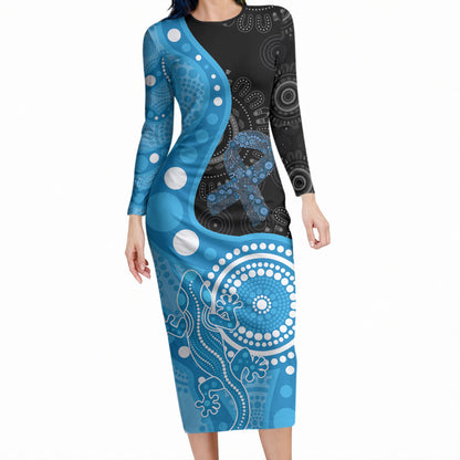 Australia Autism Support Month Long Sleeve Bodycon Dress Indigenous Lizard With Blue Ribbon