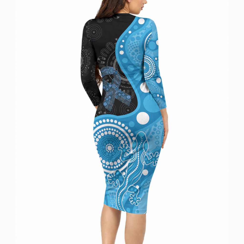Australia Autism Support Month Long Sleeve Bodycon Dress Indigenous Lizard With Blue Ribbon